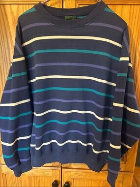 Northern Reflections Navy Striped Crewneck Sweater with Teal & Cream Bands